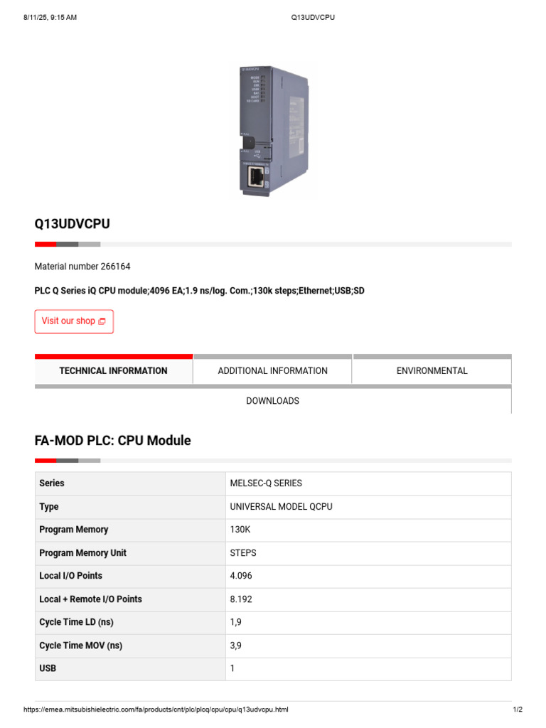 三菱　Q13UDVCPU Q13UDVCPU | PLC CPU Units - Sequencer, High Speed, MELSEC-Q Series