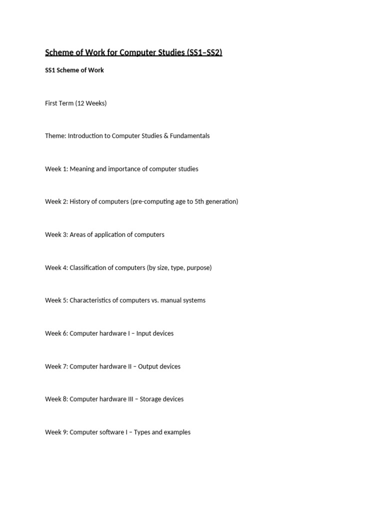 SS1-SS2 Computer Studies Scheme | PDF | Spreadsheet | Operating System