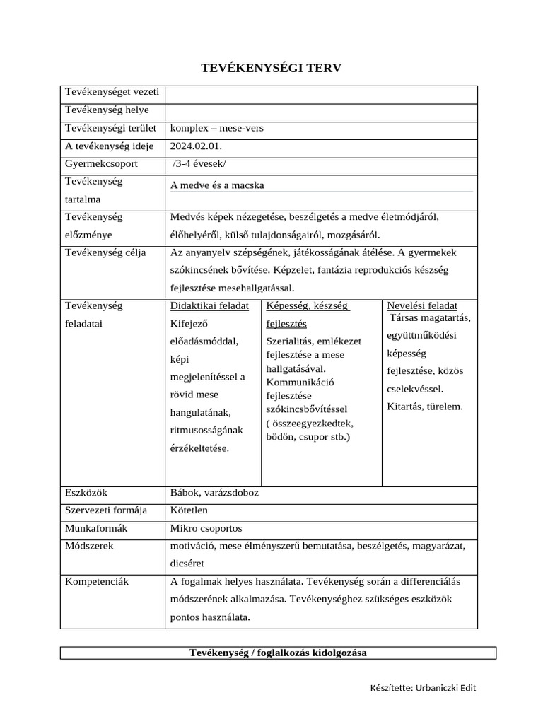 Tevékenységi Terv | PDF