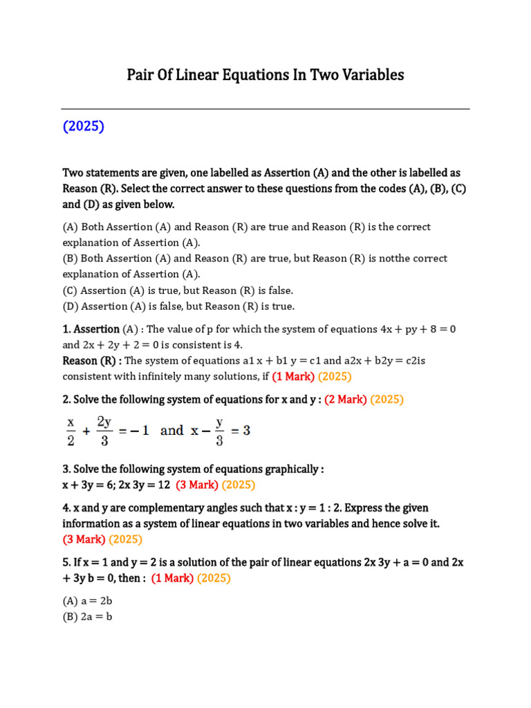 Pair of Linear Equations in Two Variables | PDF