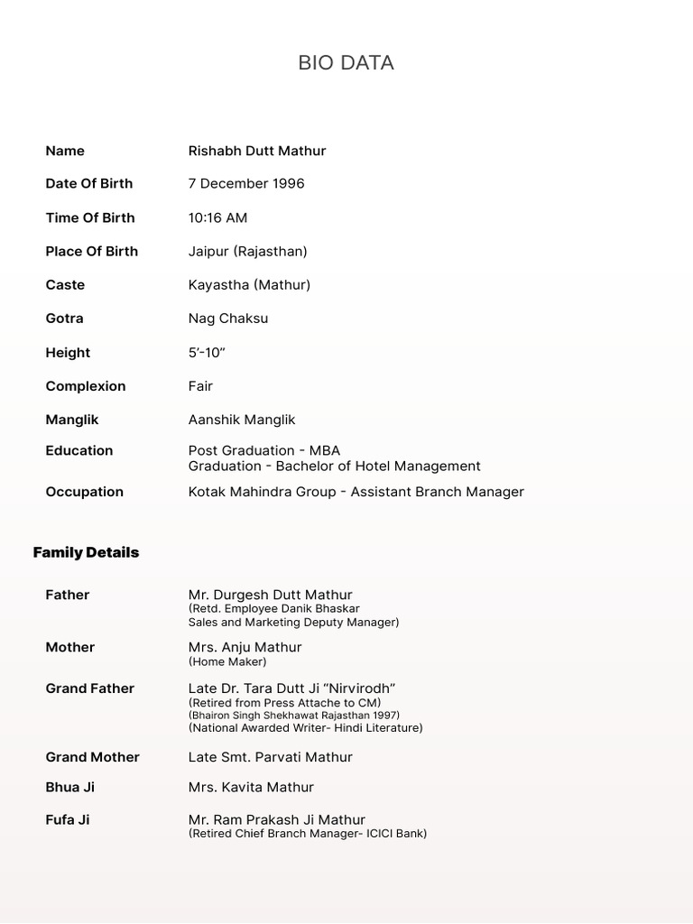 Durgesh Dutt Mathur Bio Data Summary | PDF