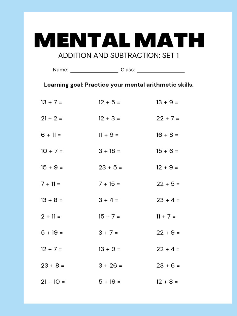 Mental Math Addition & Subtraction Practice | PDF | Subtraction ...