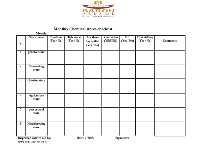 Monthly Chemical Store Inspection Checklist | PDF