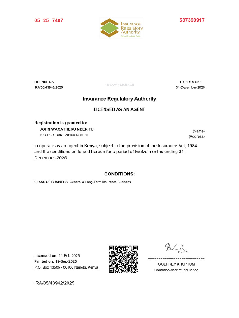 Insurance Agent License for John Nderitu | PDF