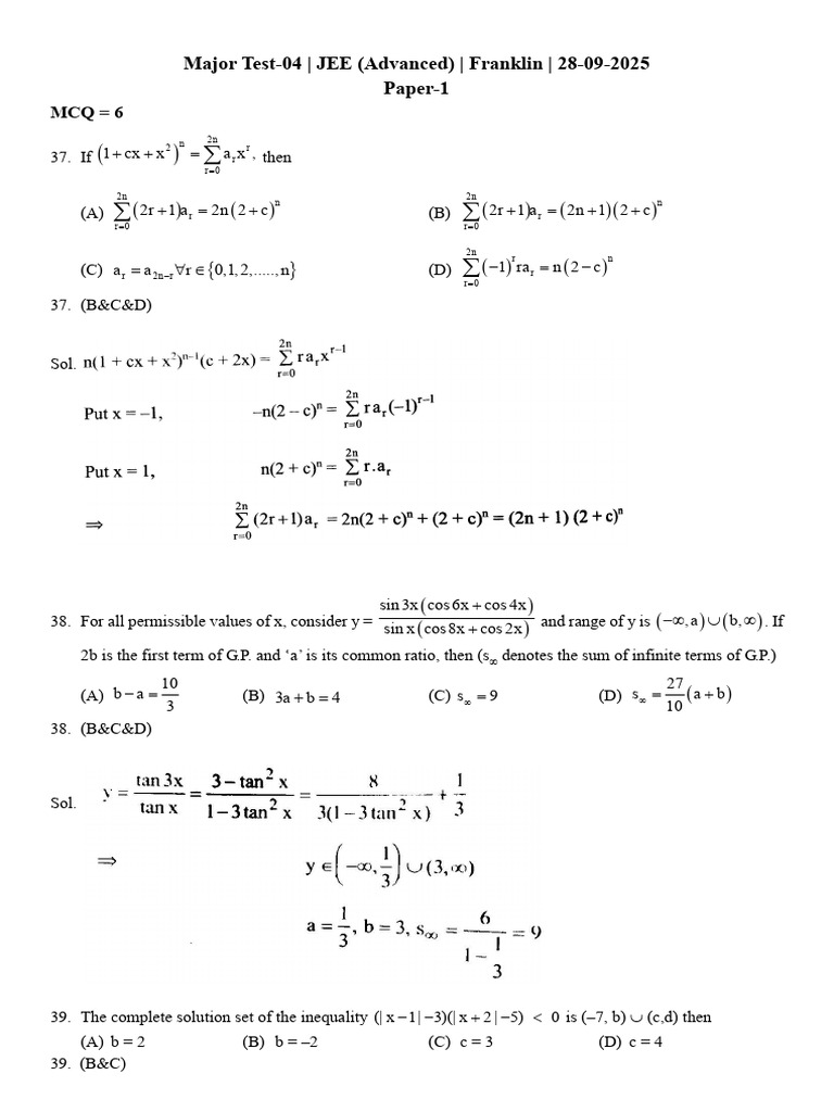 JEE Advanced Major Test-04 Solutions | PDF | Mathematical Analysis ...
