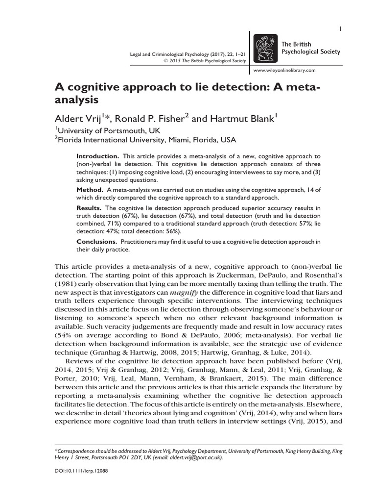 Vrij - 2017 - A Cognitive Approach To Lie Detection A Meta Analysis ...