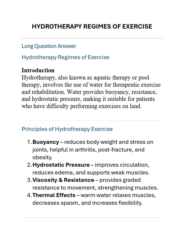 Hydrotherapy Exercise Regimes Overview | PDF | Medical Specialties ...