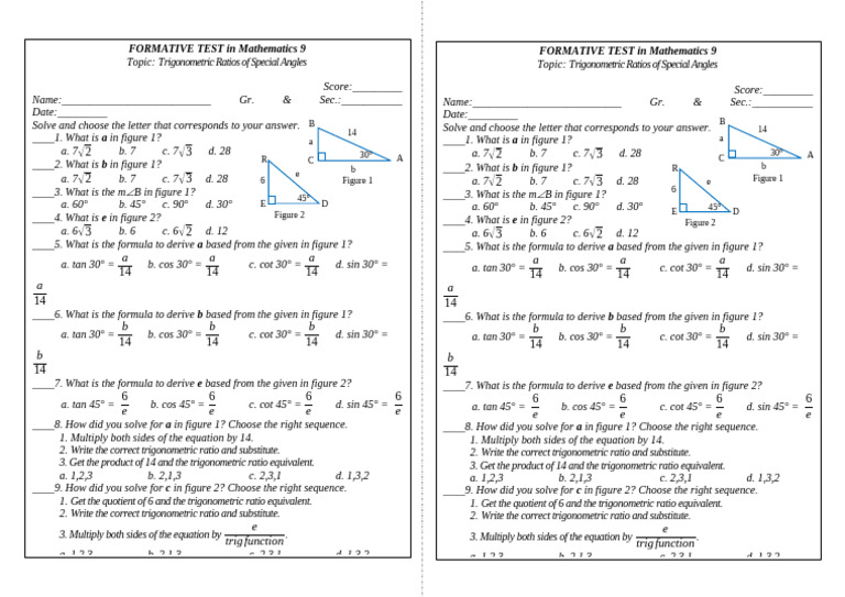 FORMATIVE TEST in Mathematics 9 Angle of Elevation and Depression | PDF ...