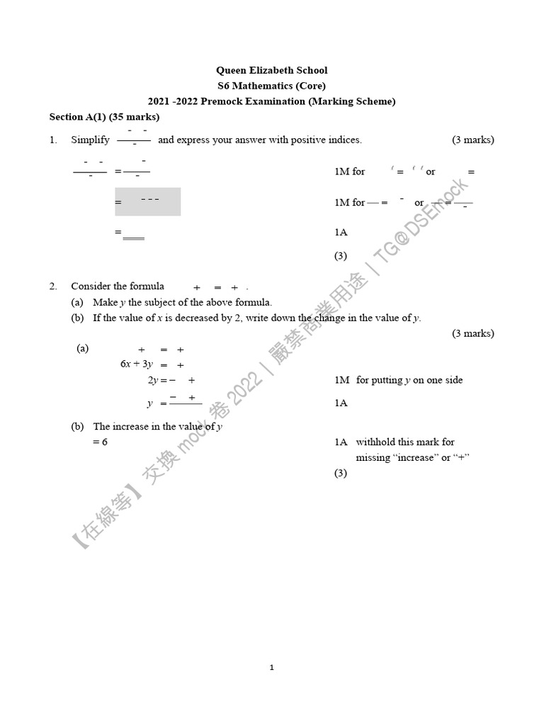 S6 Mathematics Premock Exam Marking Scheme | PDF | Sphere | Area