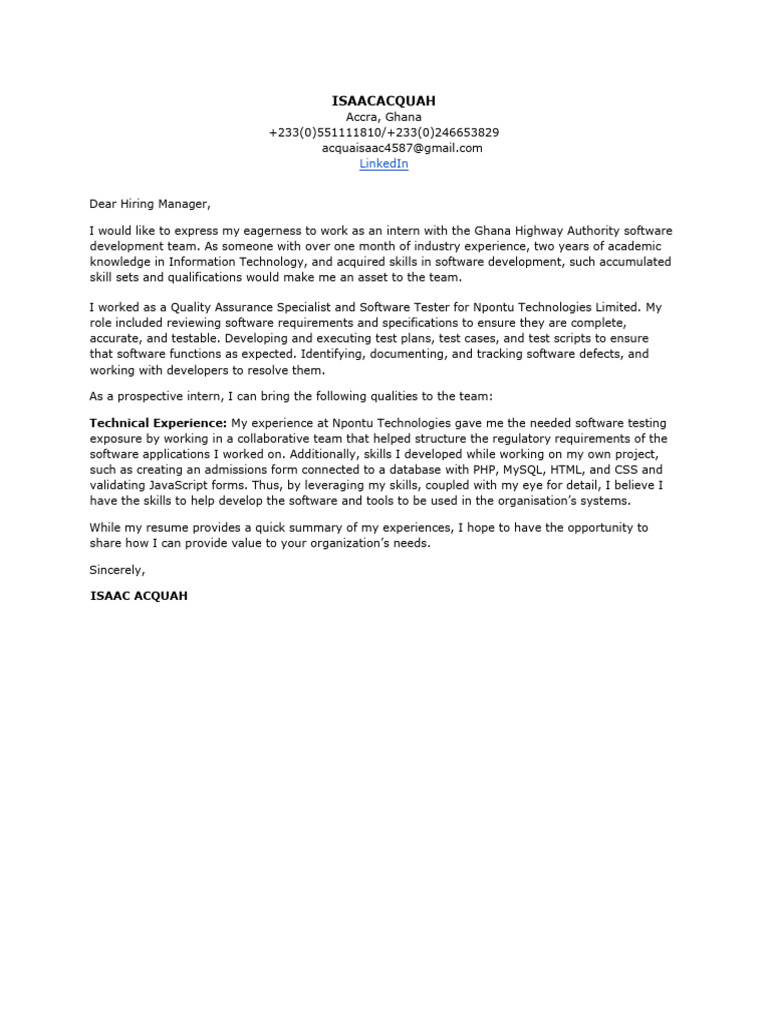 Internship Application for Software Development | PDF