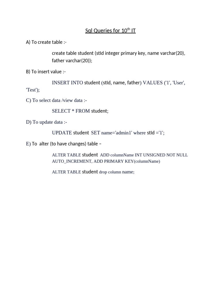 SQL Queries For 10th IT | PDF