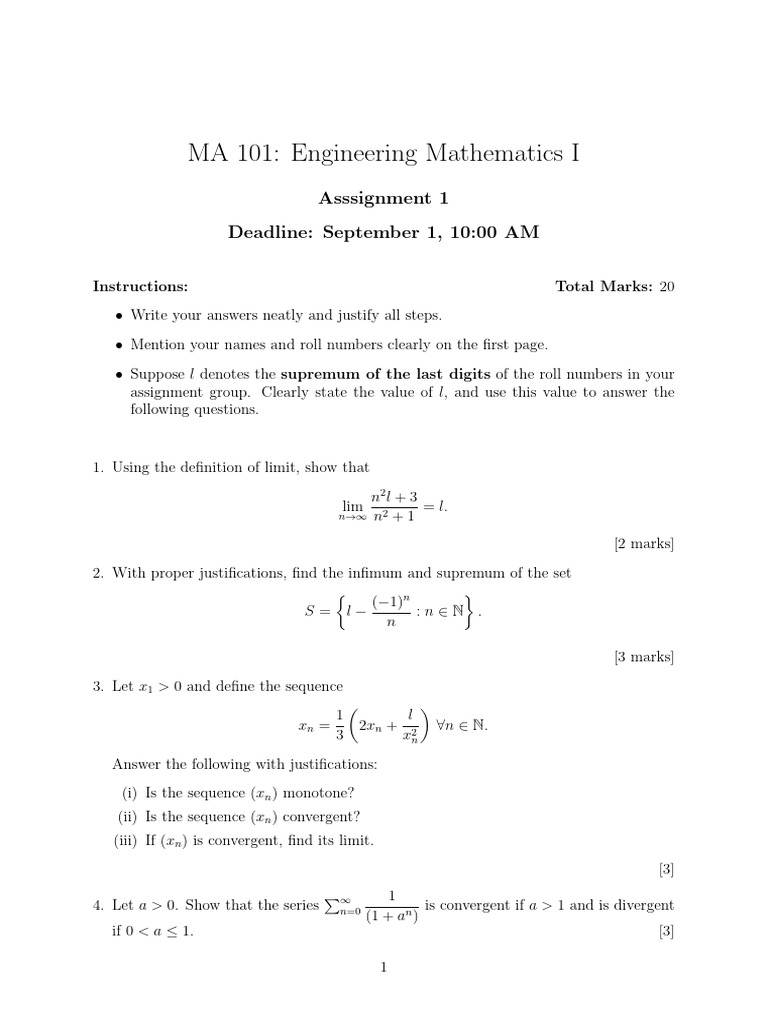 MA 101 Engineering Math Assignment 1 | PDF | Sequence | Mathematical ...
