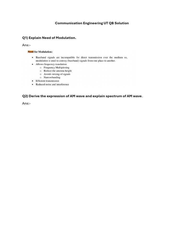 Communication Engineering UT QB Solution | PDF