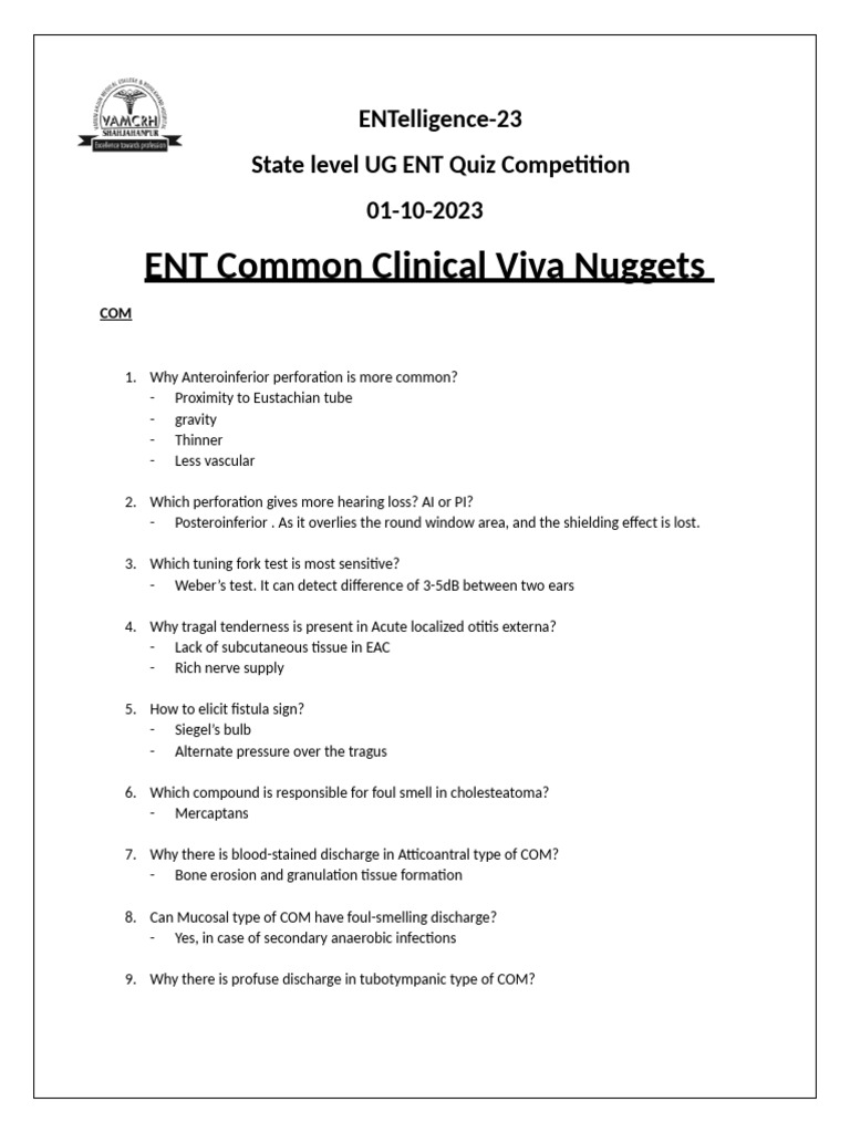 State-Level ENT Quiz Competition 2023 | PDF | Human Nose | Ear