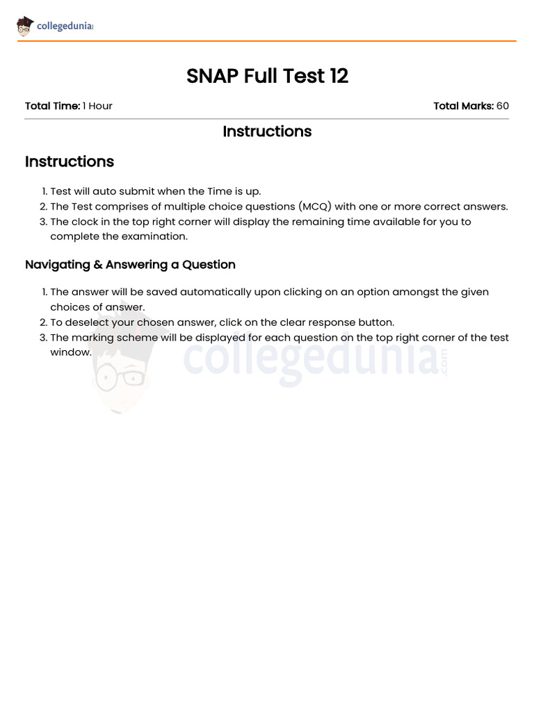 SNAP Full Test 12 Instructions and Questions | PDF | Argument | Adverb