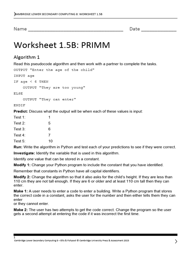 Cambridge Computing Worksheet 1.5B | PDF | Algorithms | Theoretical ...
