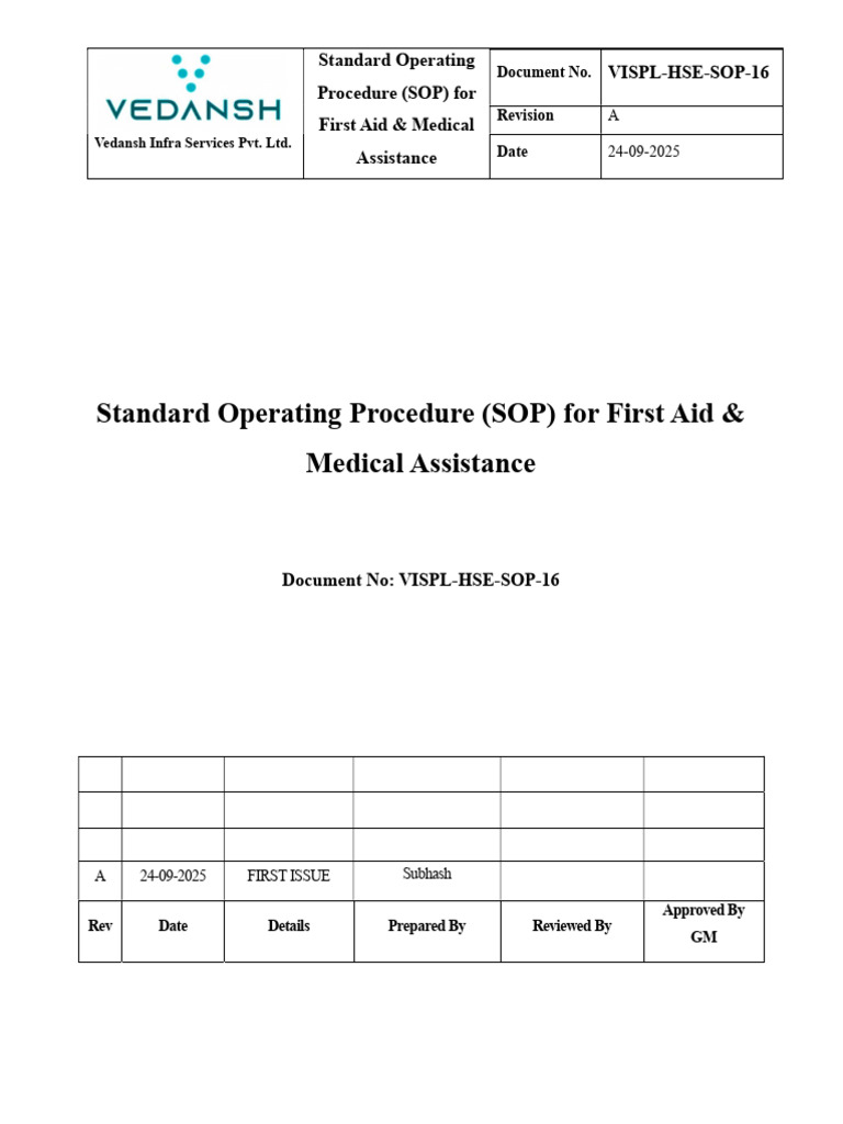 VISPL-SOP-HSE-016 (First Aid & Medical Assistance) | PDF | First Aid ...