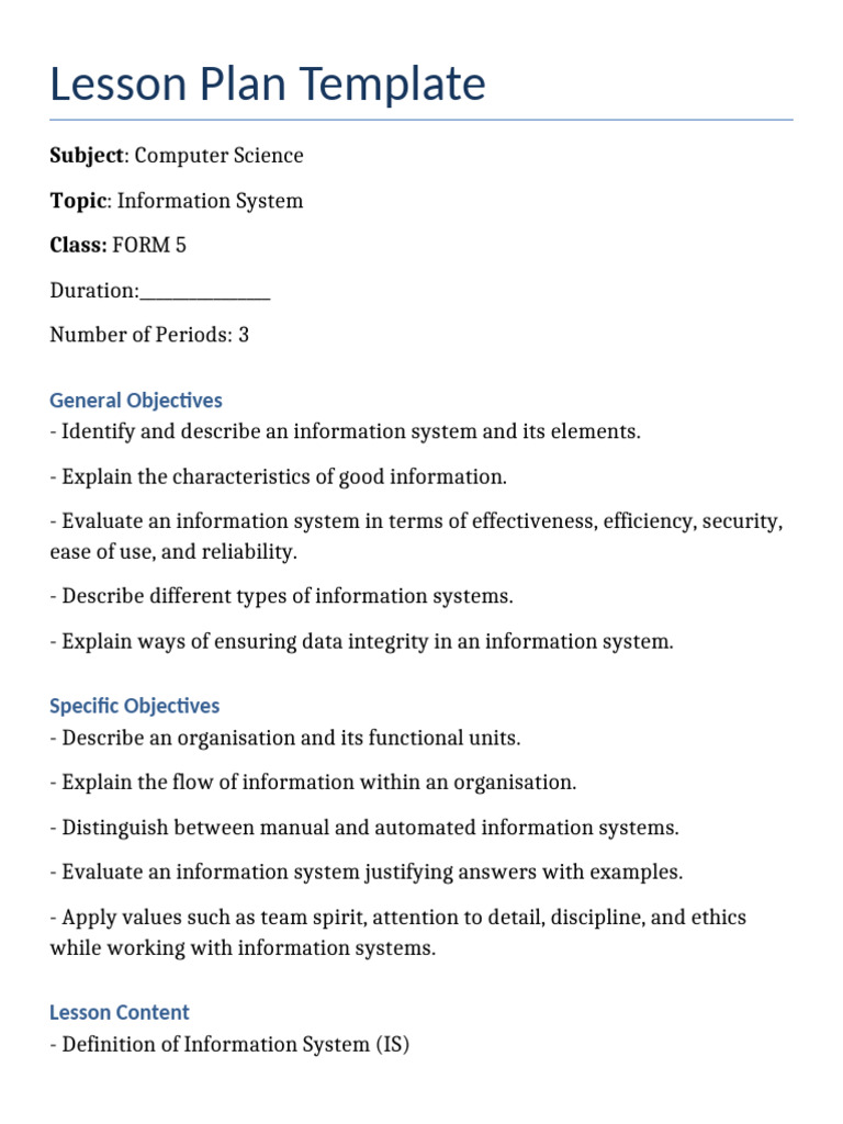 Computer Science Lesson Plan: Information Systems | PDF | Information ...