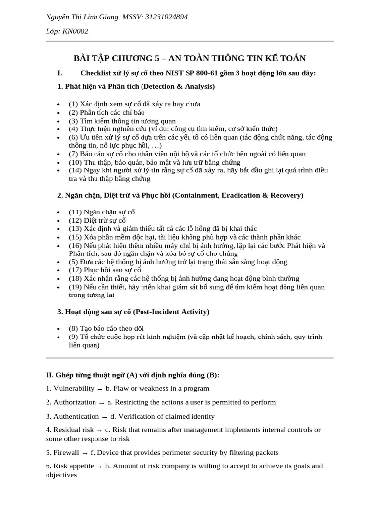 Nguyễn Thị Linh Giang 31231024894 Bt chương 5 atttkt | PDF