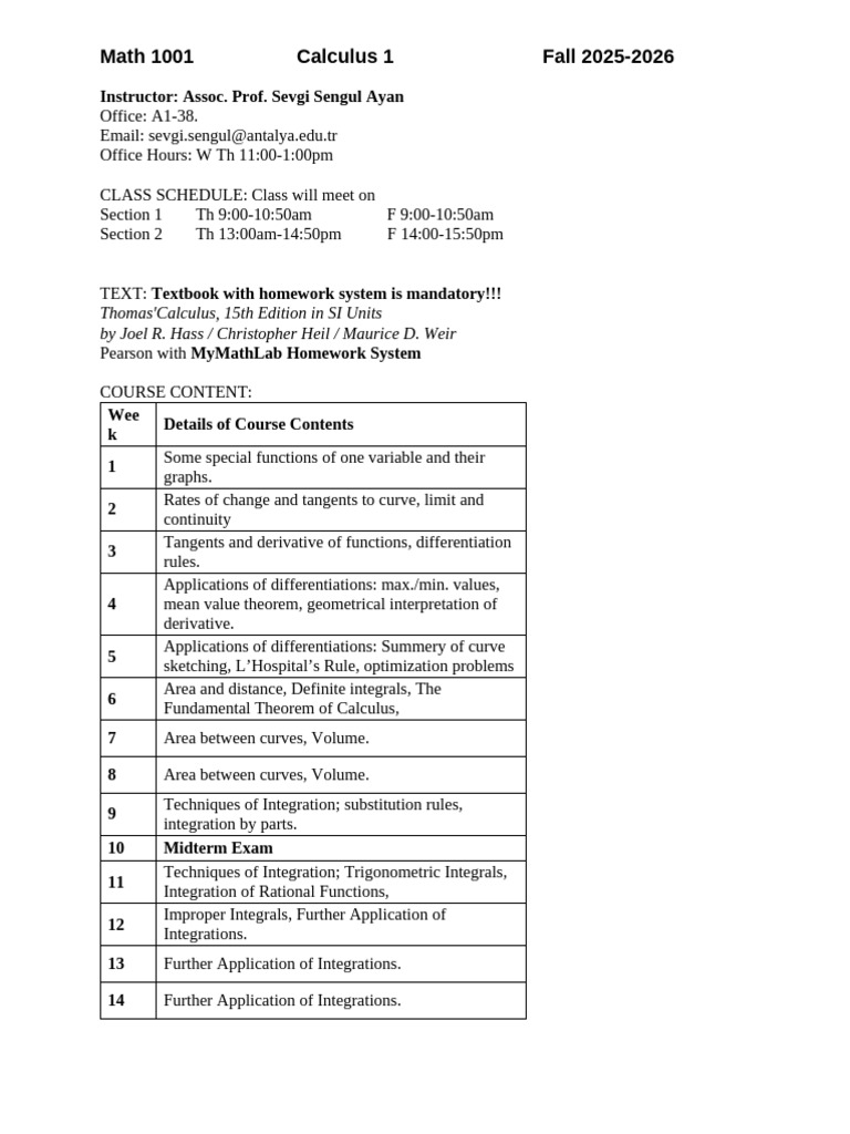 Calculus 1 Course Details Fall 2025 | PDF | Integral | Derivative