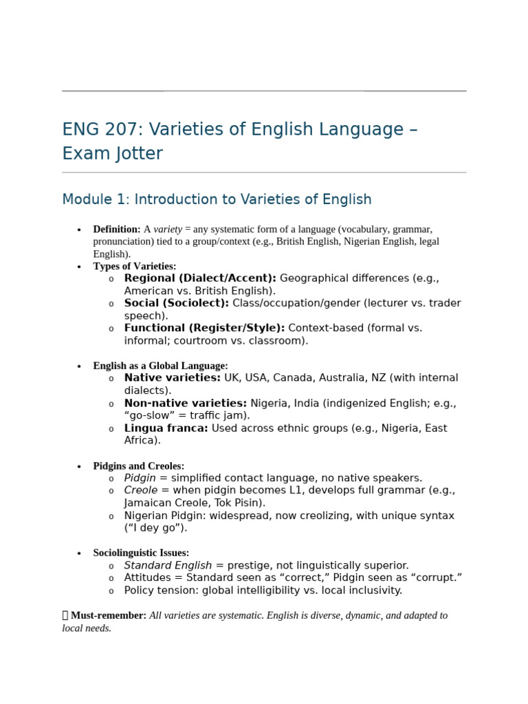 ENG 207: Varieties of English Overview | PDF | English Language | Dialect