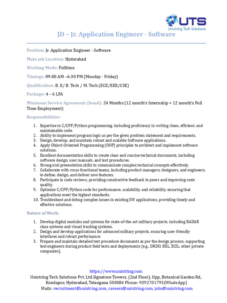 Jr. Application Engineer Job in Hyderabad | PDF