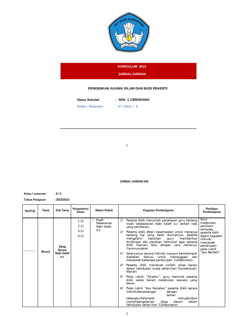 Jurnal Harian PAI Kelas II SD 2023/2024 | PDF