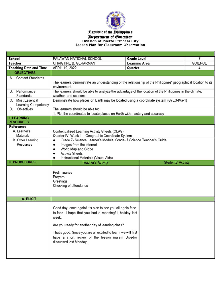 Grade 7 Science Lesson Plan: Coordinates | PDF | Equator | Latitude