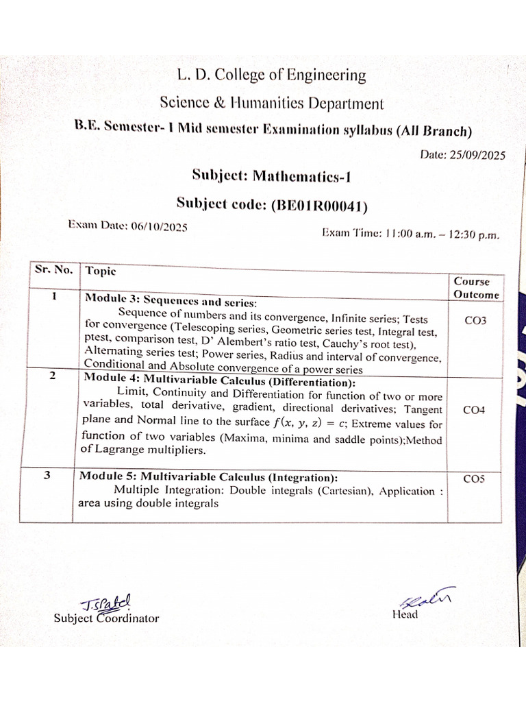 Mid Sem Syllabus Mathematics-1 - 2025 | PDF
