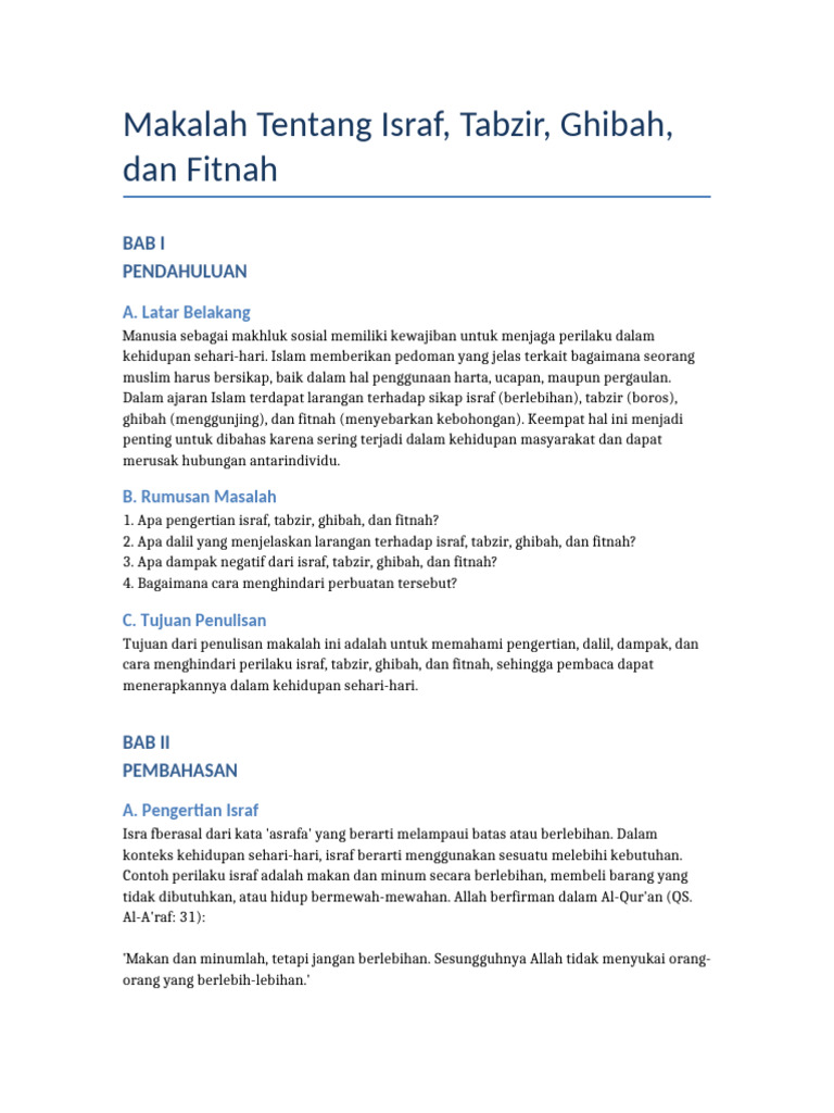 Makalah Israf Tabzir Ghibah Fitnah Dengan Cover | PDF