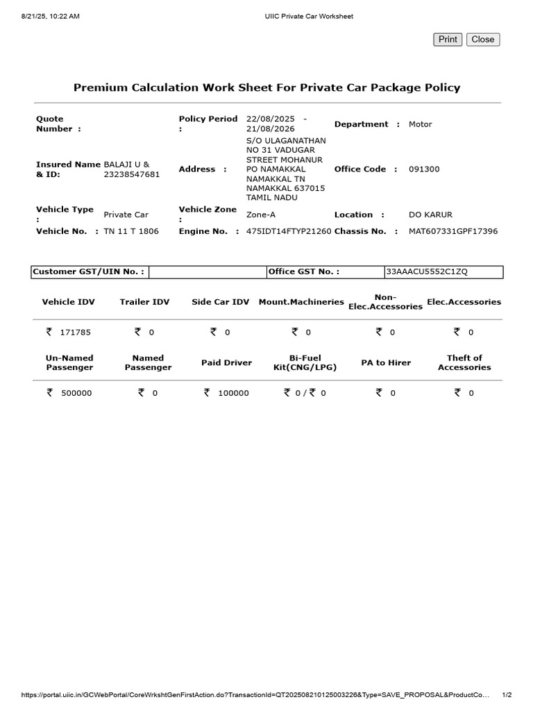 Private Car Insurance Premium Worksheet | PDF | Land Vehicles | Transport