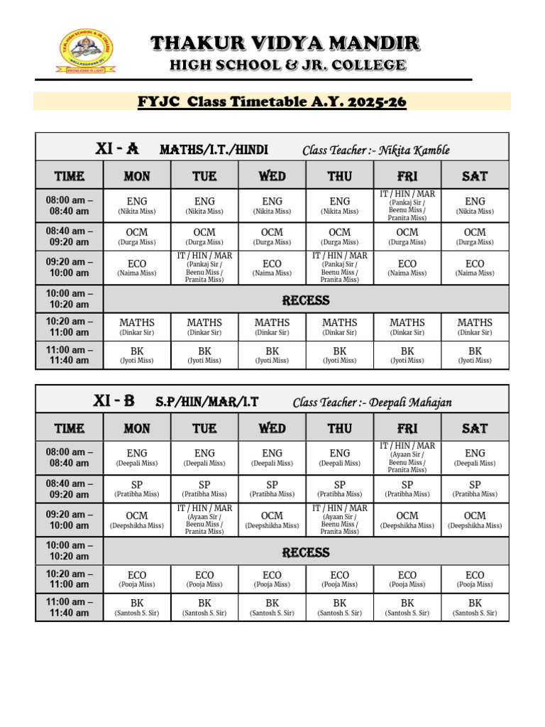 FYJC Class Timetable 2025-26 | PDF