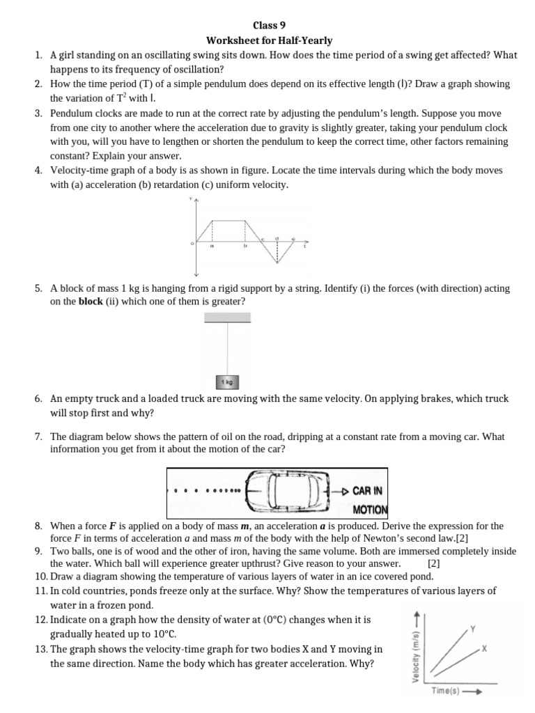 Class 9 Physics Half-Yearly Worksheet | PDF | Pendulum | Force