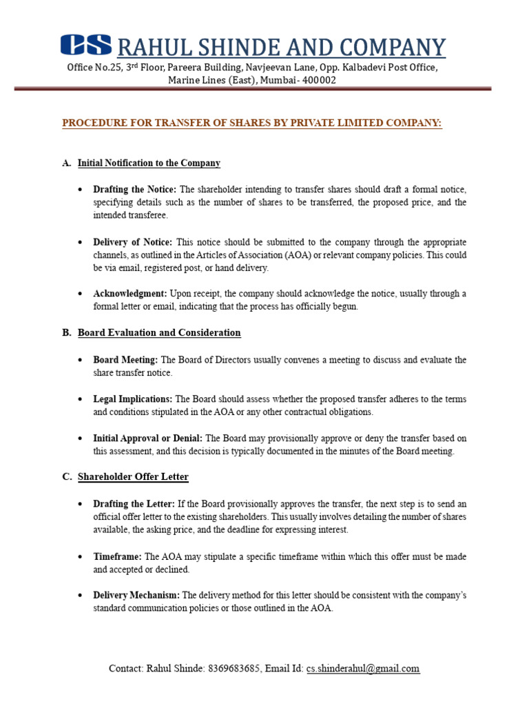 Share Transfer Procedure for Pvt Ltd Companies | PDF | Business
