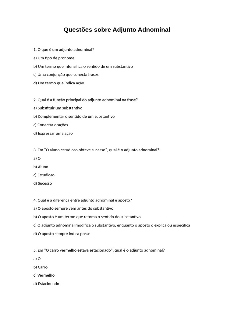 Questões Sobre Adjunto Adnominal | PDF | Substantivo | Assunto (gramática)
