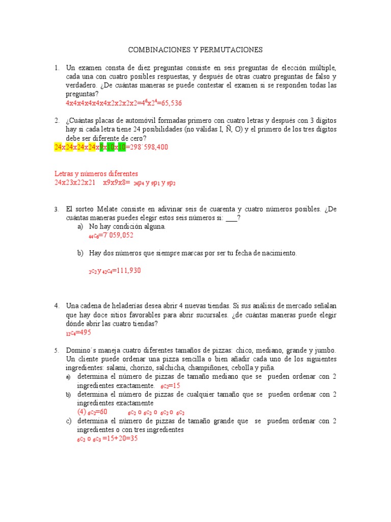 Ejercicios de Combinaciones y Permutaciones | PDF
