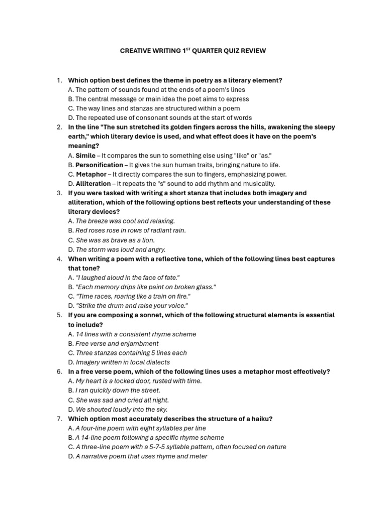 Creative Writing 1ST Quarter Quiz Review | PDF | Poetry | Poetics