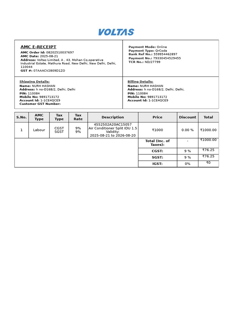 AMC E-Receipt for Air Conditioner Service | PDF | Government Finances ...