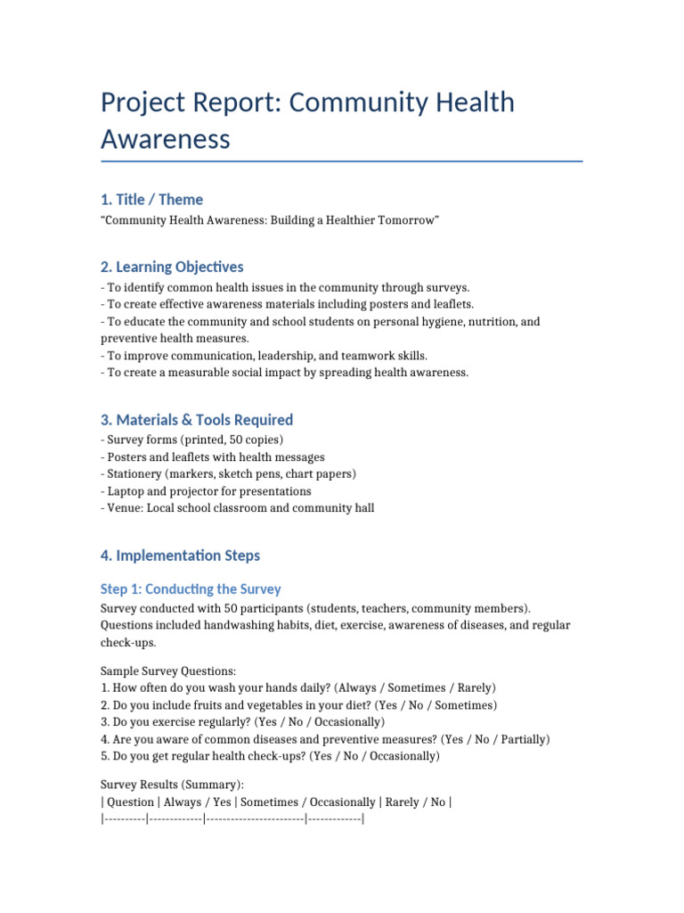 Community Health Awareness Project Report | PDF | Hand Washing