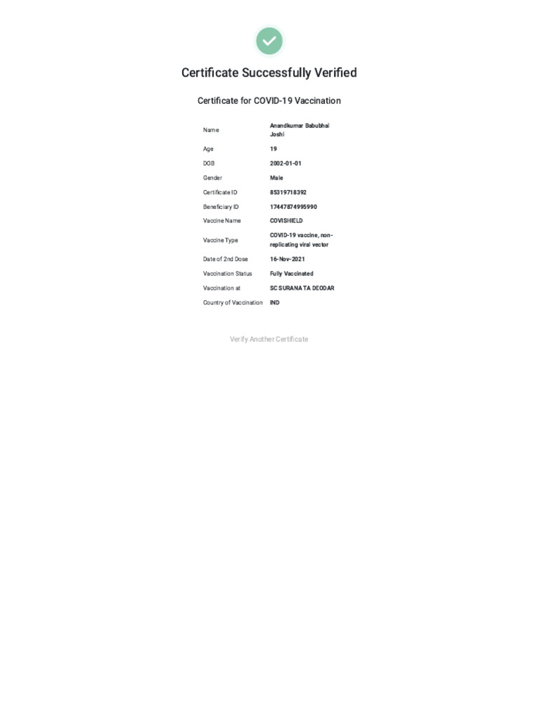 COVID-19 Vaccination Certificate Verified | PDF