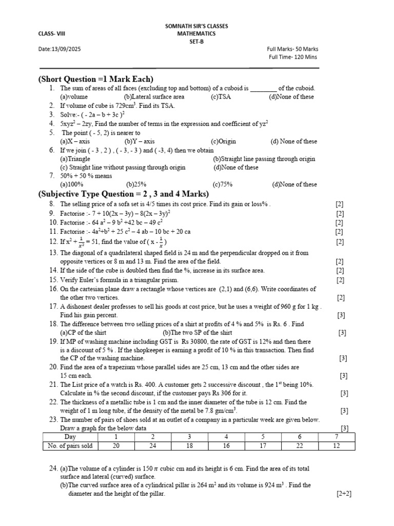 Class 8 Mathematics Exam Questions | PDF | Euclidean Geometry ...