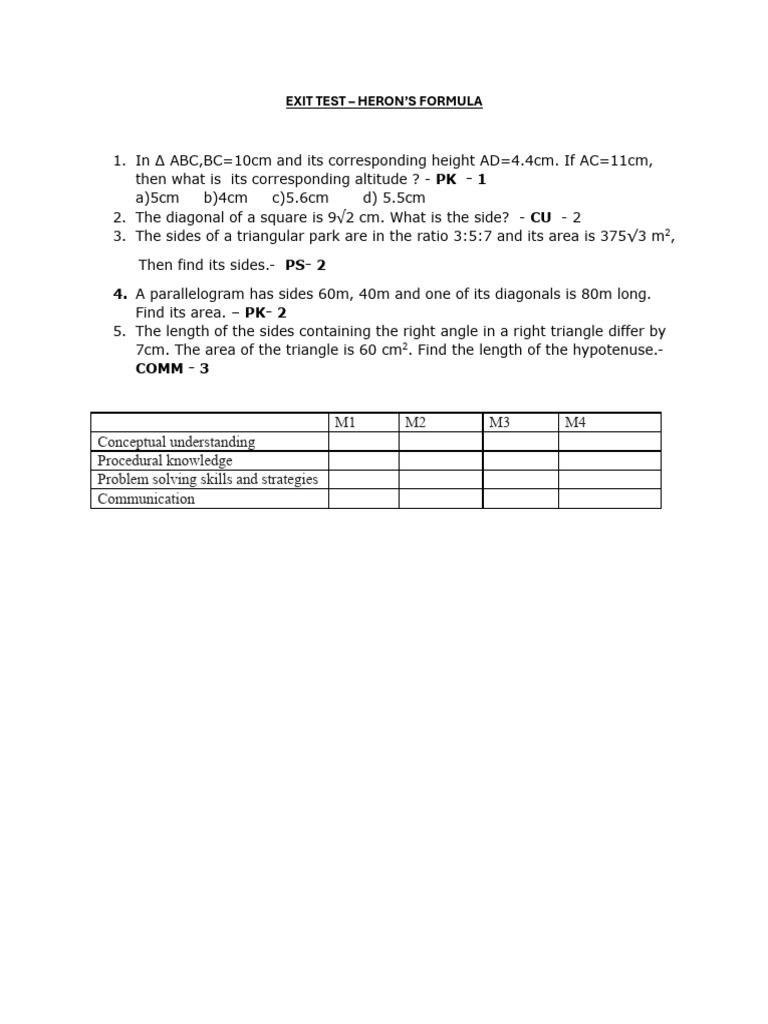 Exit Test - Heron's Formula | PDF