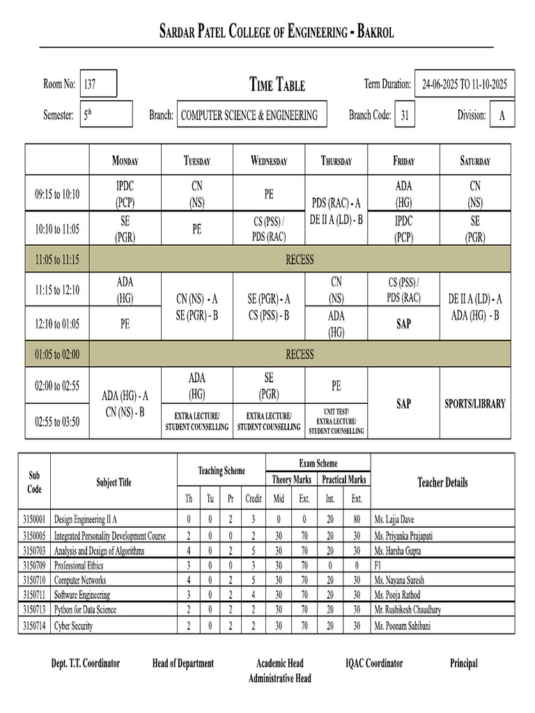 5th - Sem Cse Time Table - 28!6!2025 | PDF