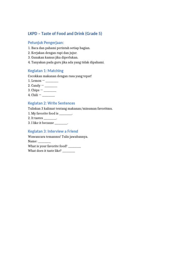 LKPD Taste of Food and Drink Grade 5 | PDF