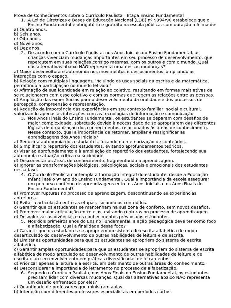 Prova Currículo Paulista: Ensino Fundamental | PDF | Alfabetização ...