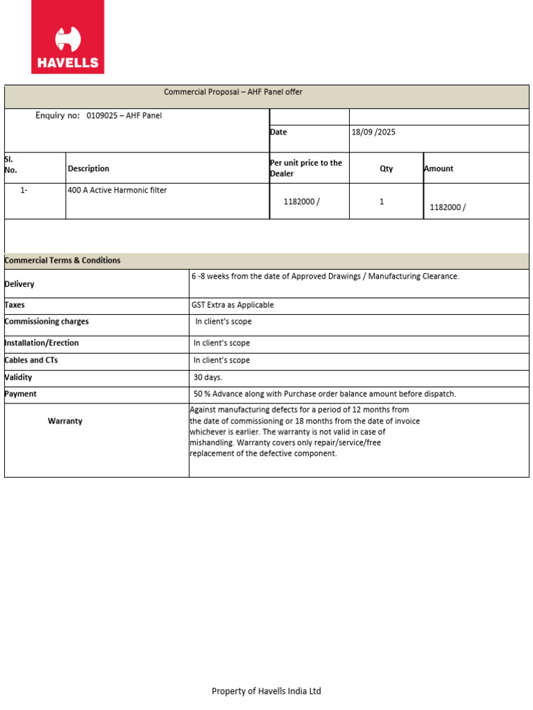 400 A AHF Panel Commercial Proposal.. | PDF