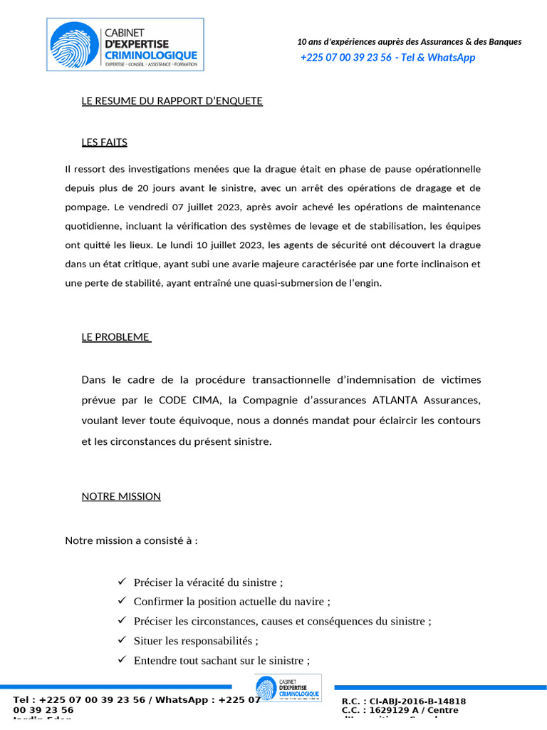 Rapport sur le sinistre de la drague | PDF | Assurance