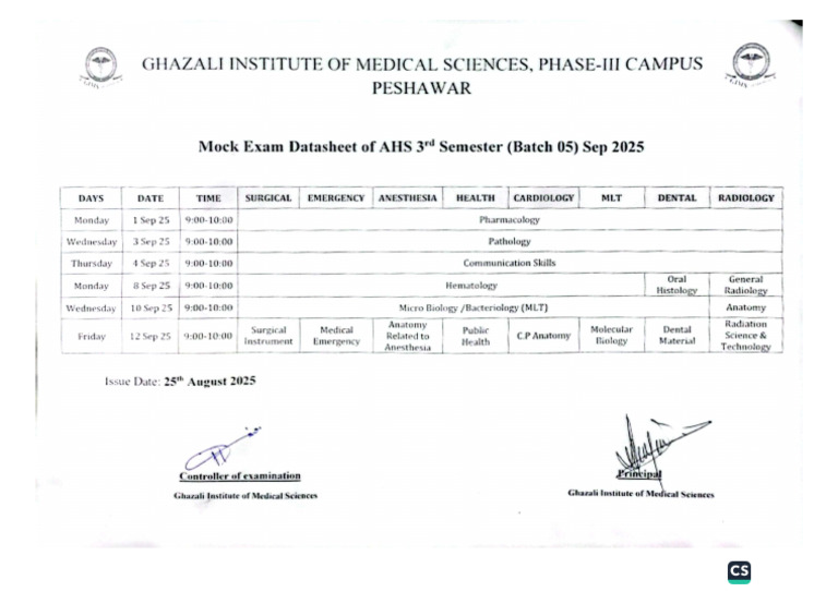 Date Sheet - Exam 3rd | PDF