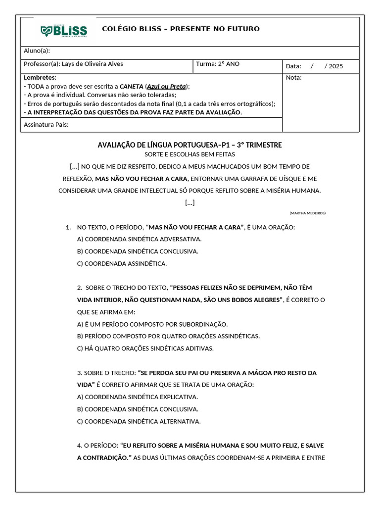 Prova de Português - 2º Ano 2025 | PDF | Português (idioma) | Linguística