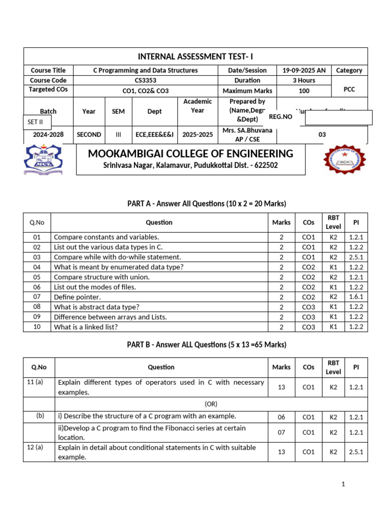 C Programming Internal Assessment Test | PDF | Computer Science ...